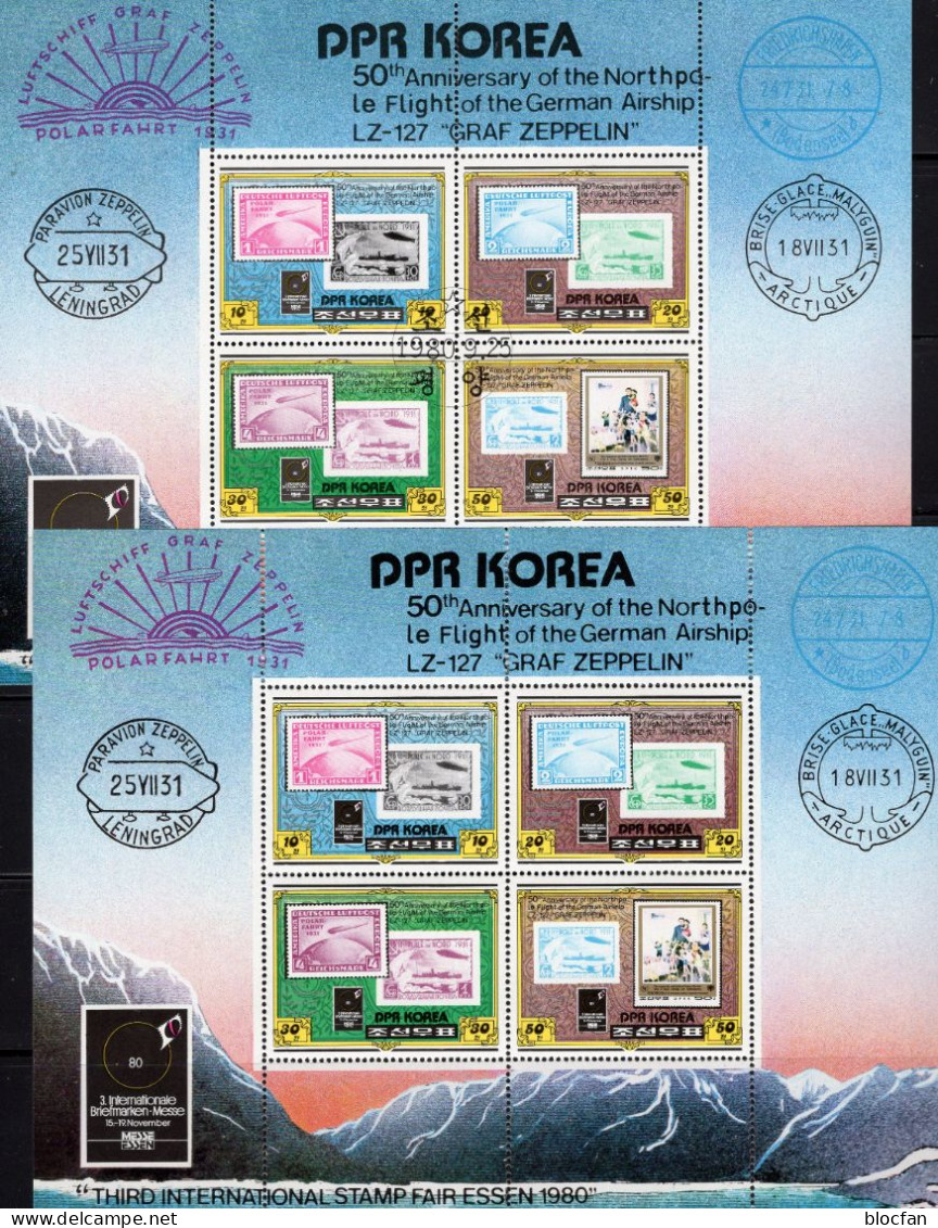 Messe Essen 1980 Korea 2047/0 2x 4-KB **/o 36€ Polarfahrt Zeppelin Stamps On Stamp Hoja Ss EXPO Blocs Sheetlets Bf Corea - Barcos Polares Y Rompehielos