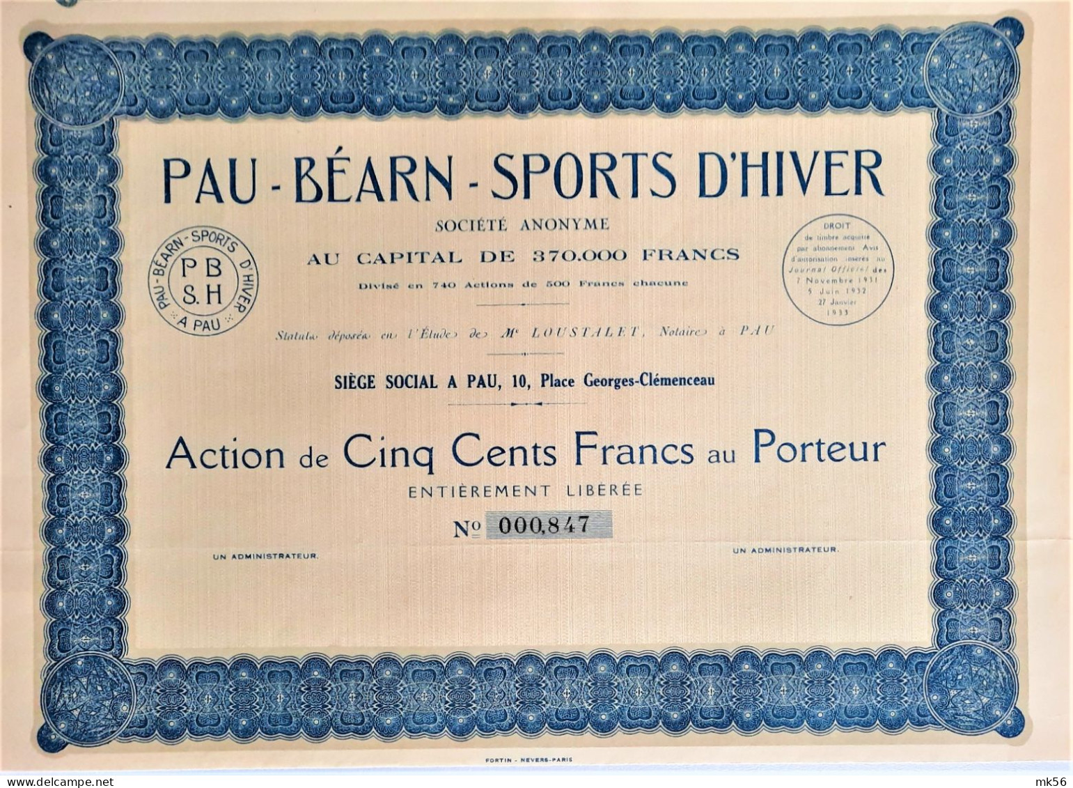 Pau - Béarn - Sports D'hiver - 1933 - Action De 500 Francs - Sports