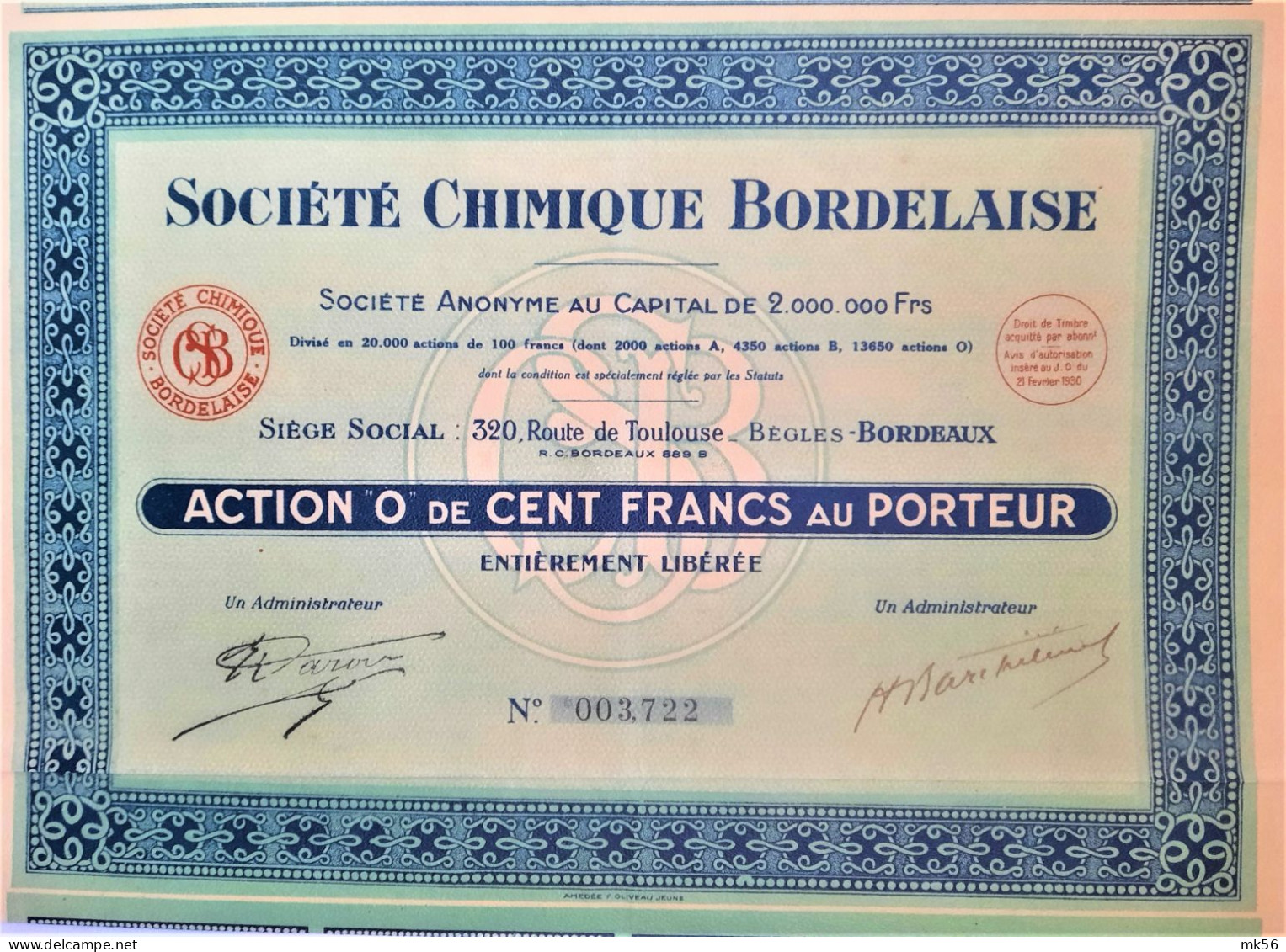 S.A. Société Chimique Bordelaise - 1930 - Bordeaux - Action De 100 Francs - Pétrole