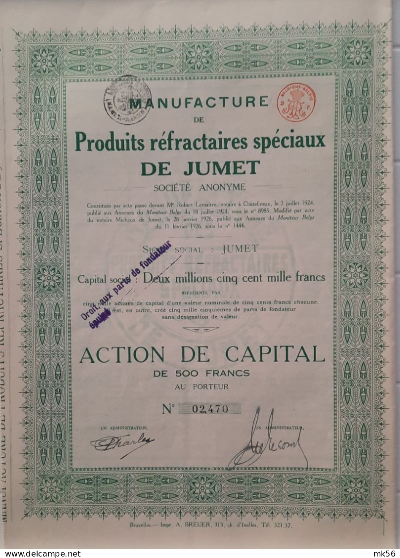 Maufacture De Produits Réfractaires Spéciaux De Jumet  - 1926 - Action De Capital - Industrie