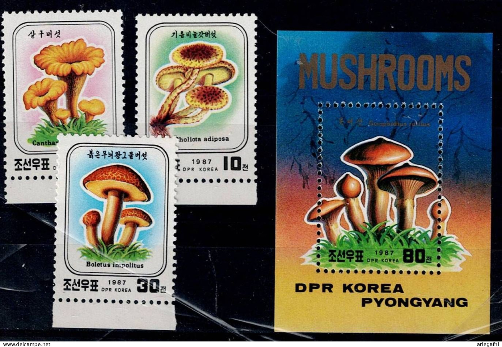 NORD KOREA 1987 MUSHROOMS MI No 2798-800 + BLOCK 223 MNH VF!! - Mushrooms