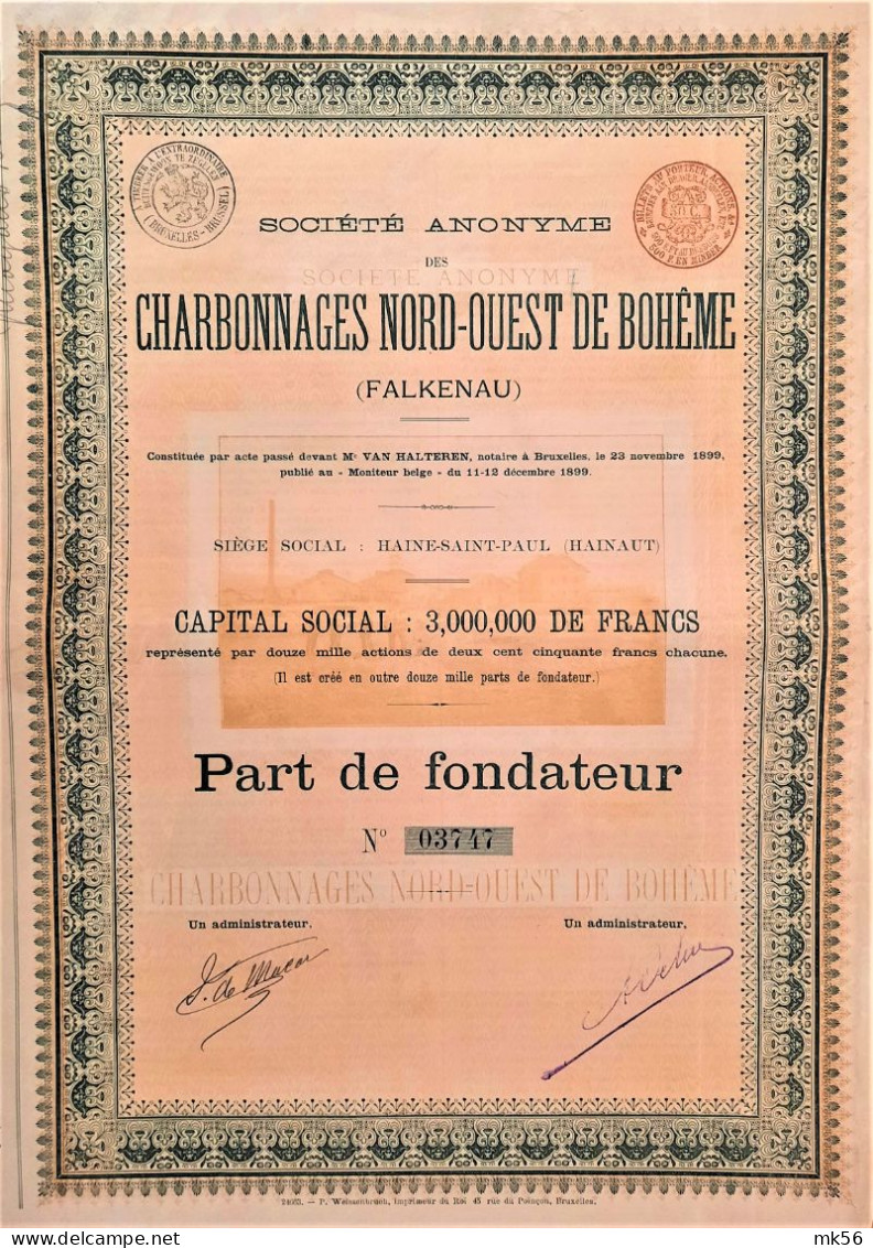 S.A. Charbonnages Nord-Ouest De Bohème (Falkenau) 1899 - Part De Fondateur - Mines