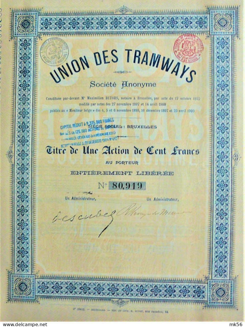 S.A. Union Des Tramways - Une Act.de 100 Fr - Bruxelles - 1900 - Railway & Tramway