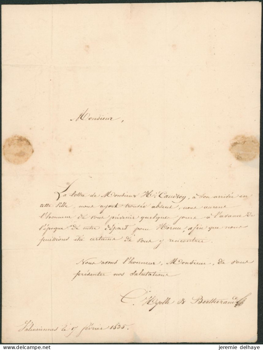 LAC Datée De Valenciennes (1835) En Recommandé à L'obligeance De M. Pasquier (Quiévrain) çàd Cachet Dateur Mons, Port 2 - 1830-1849 (Belgica Independiente)