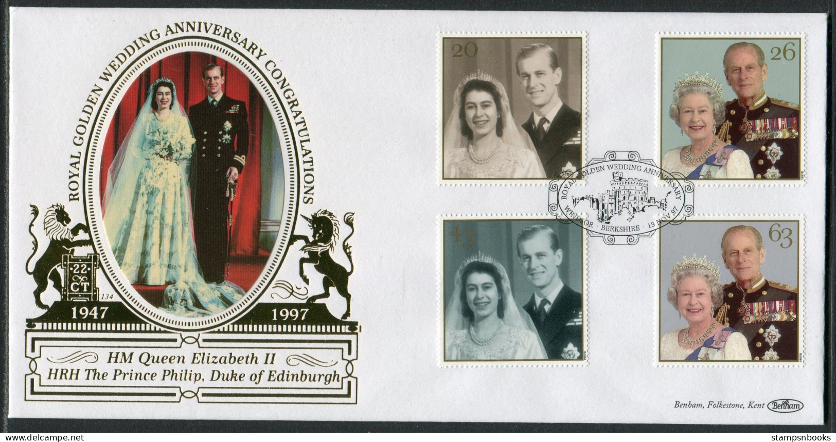1997 GB Royal Golden Wedding, Queen Elizabeth & Prince Philip First Day Cover, Windsor Benham 22 Carat Gold FDC - 1991-2000 Dezimalausgaben