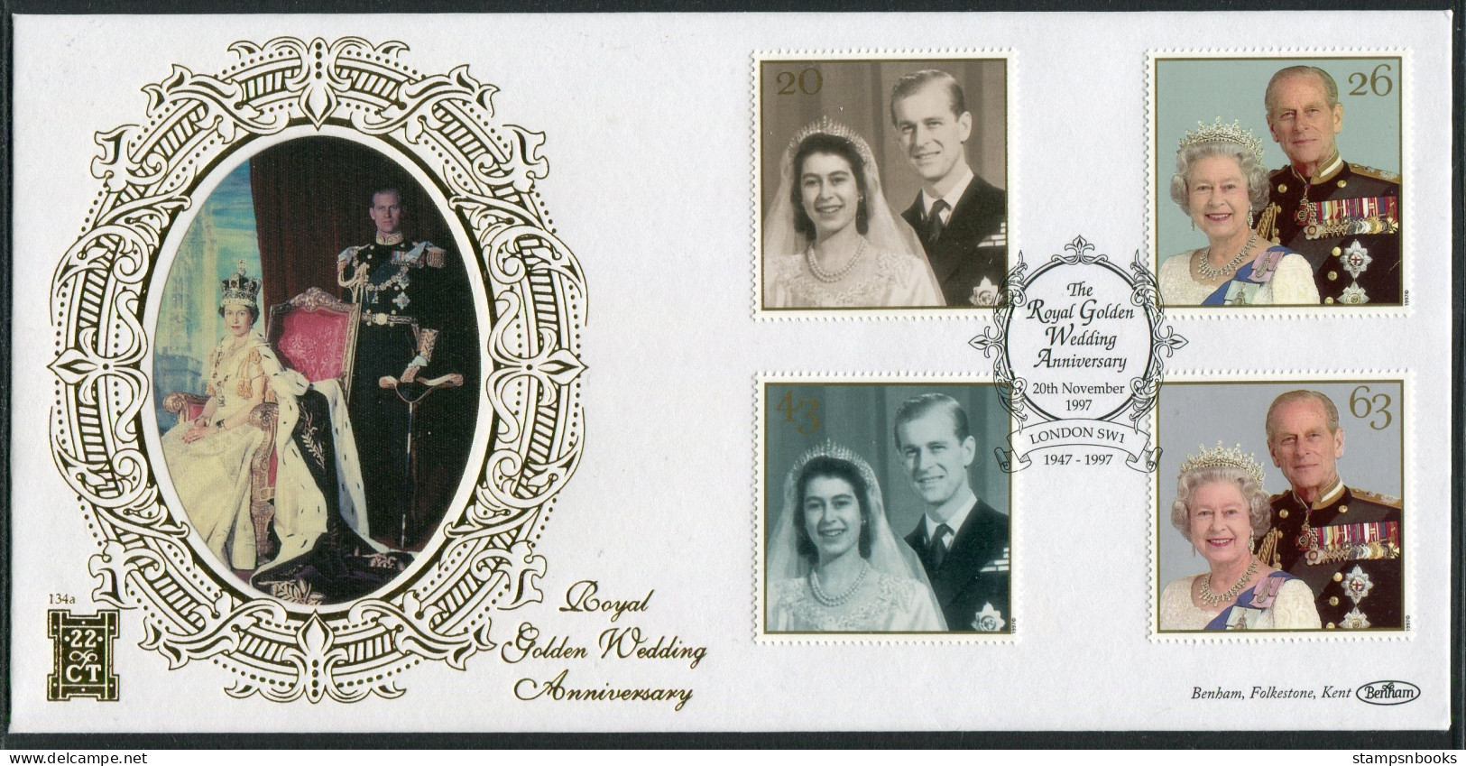 1997 GB Royal Golden Wedding, Queen Elizabeth & Prince Philip First Day Cover, London SW1 Benham 22 Carat Gold FDC - 1991-00 Ediciones Decimales