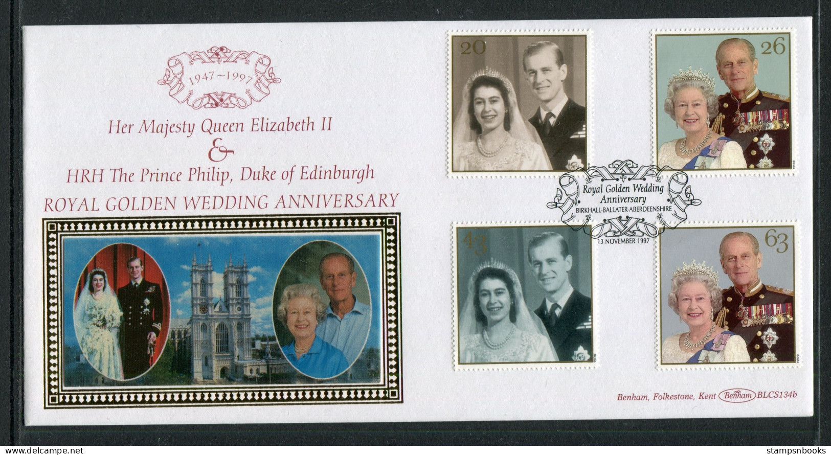 1997 GB Royal Golden Wedding, Queen Elizabeth & Prince Philip First Day Cover, Birkhall Balater Scotland Benham BLCS134b - 1991-2000 Decimal Issues