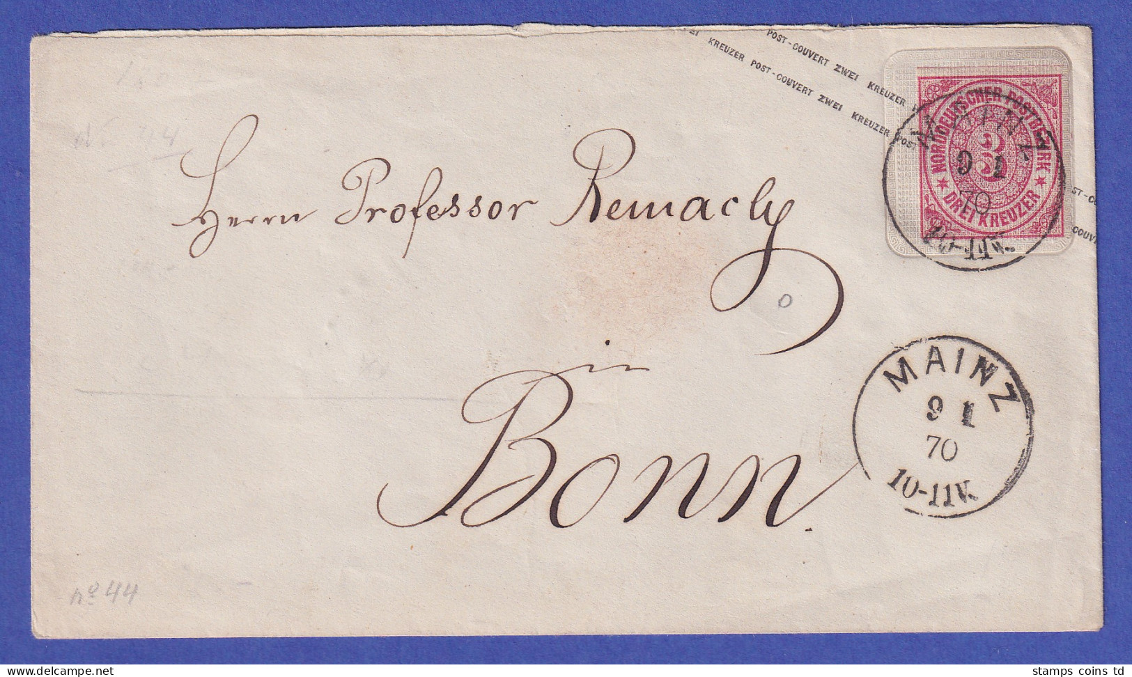 Norddeutscher Bund 1867 GA Umschlag Aufbrauchsausgabe Mi.-Nr. U 44 O MAINZ - Sonstige & Ohne Zuordnung