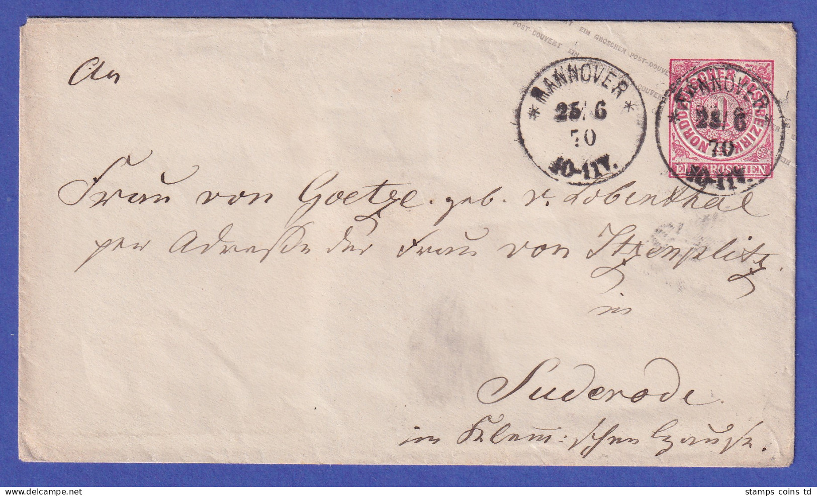 Norddeutscher Bund 1870 GA Umschlag O HANNOVER Gelaufen Nach Suderode - Autres & Non Classés