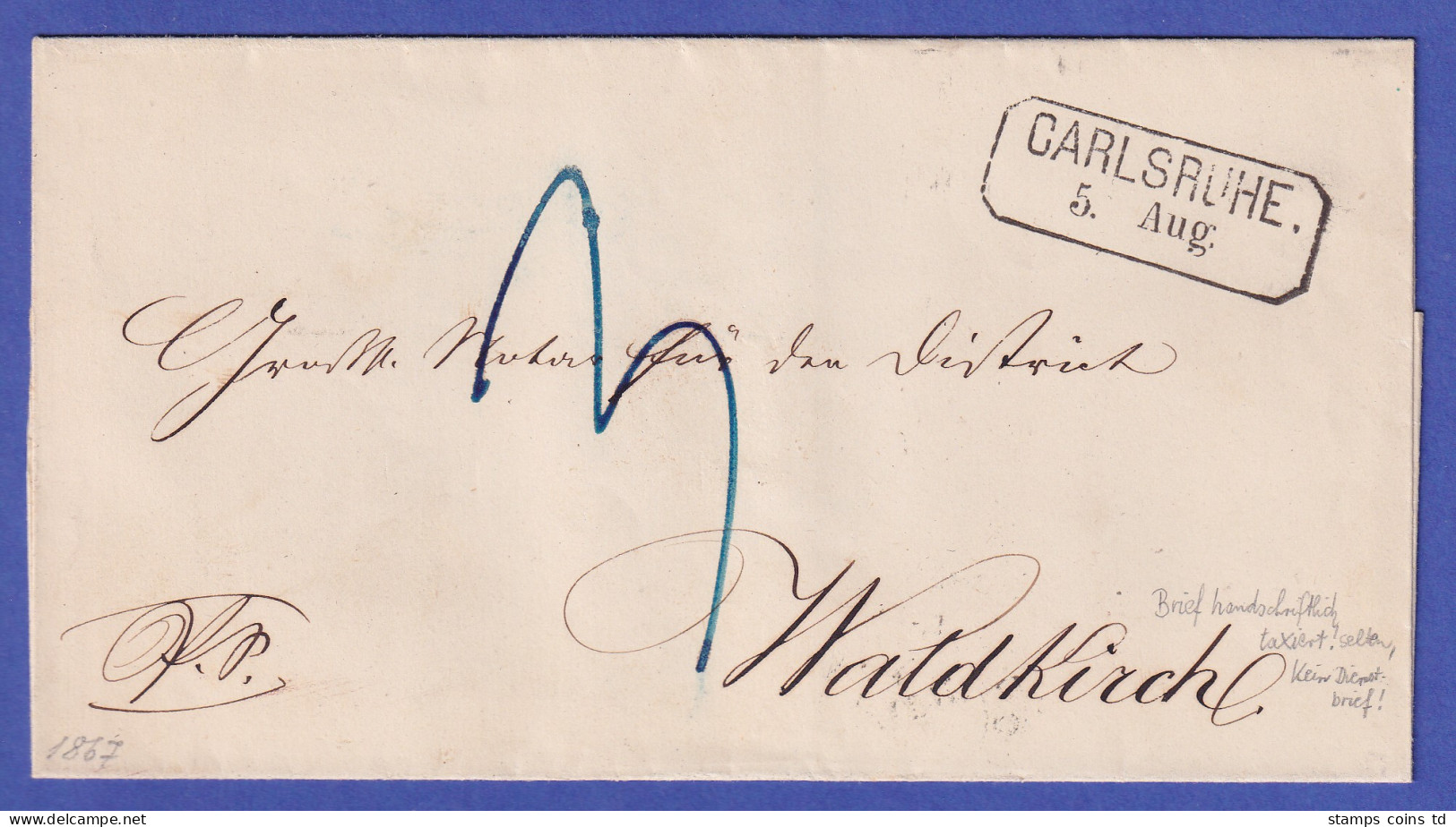 Baden 1867 Brief Mit Achteckstempel CARLSRUHE. Handschriftlich Taxiert - Autres & Non Classés