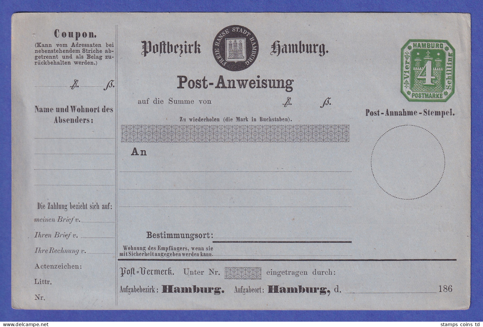 Hamburg 1866 GA Postanweisung Mi.-Nr. A 2 Ungebraucht  - Altri & Non Classificati
