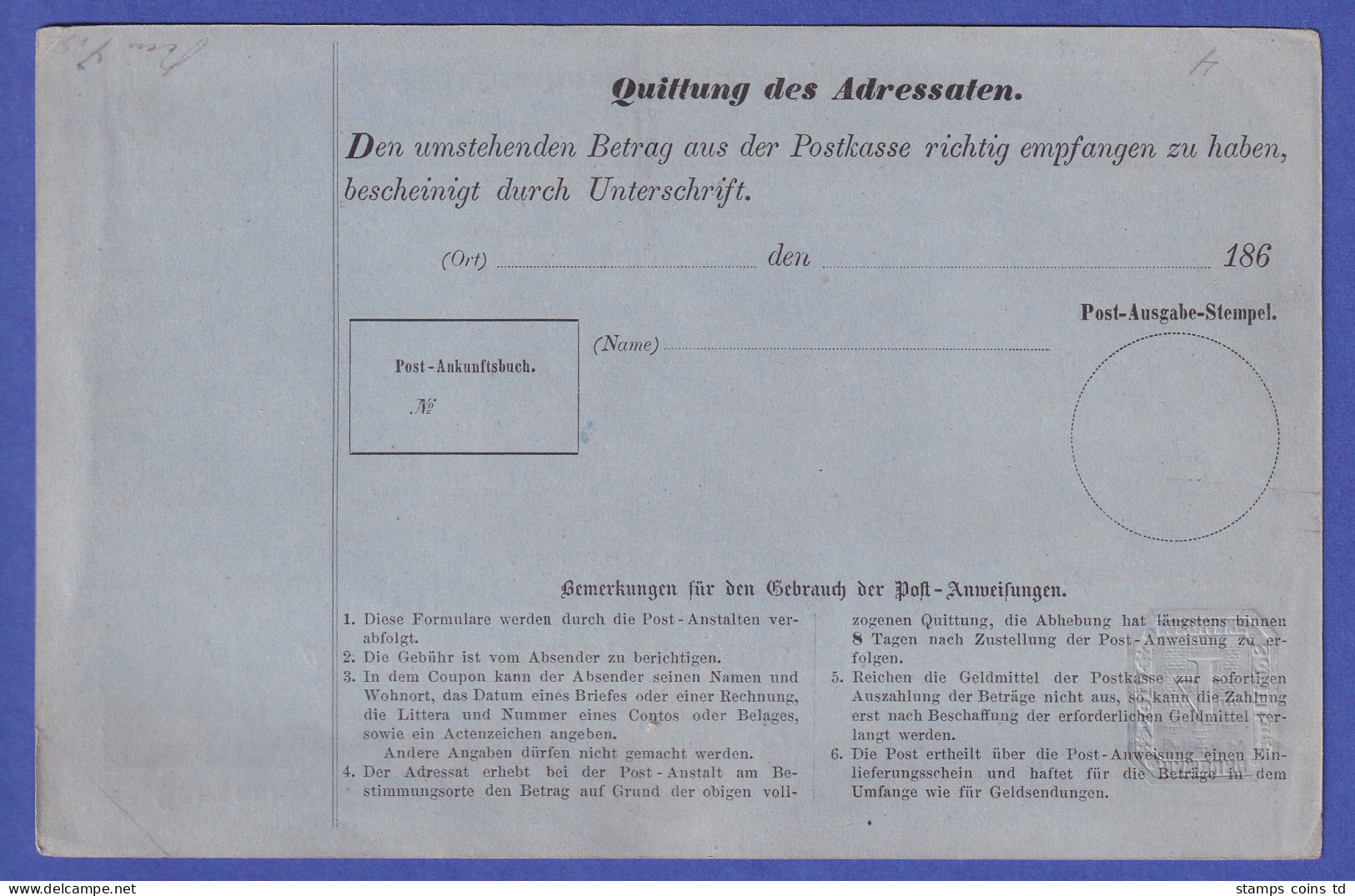 Hamburg 1866 GA Postanweisung Mi.-Nr. A 2 Ungebraucht  - Autres & Non Classés