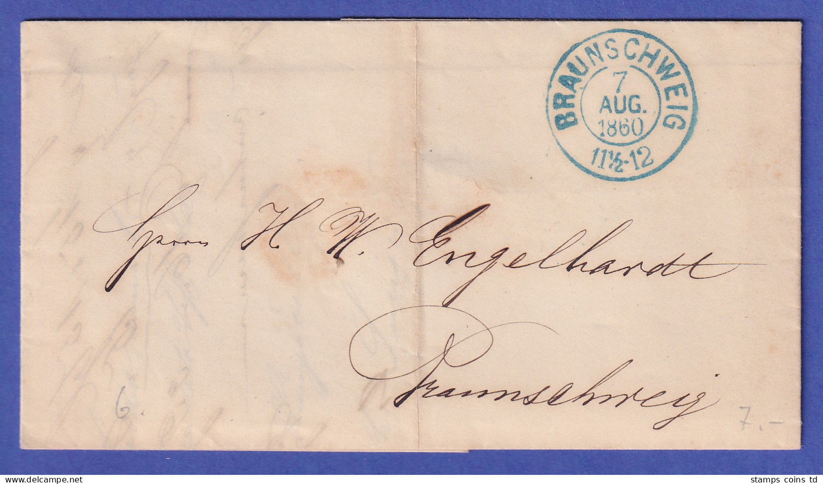 Braunschweig 1860 Brief Mit Blauem Zweikreisstempel BRAUNSCHWEIG - Autres & Non Classés