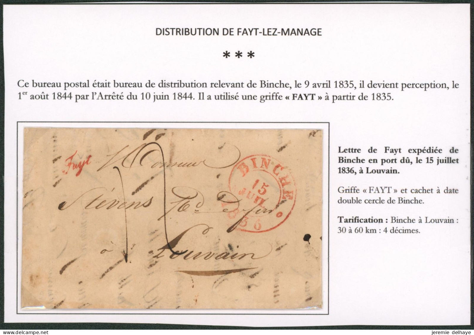 Précurseur - LAC Datée De Fayt + Cachet Dateur "Binche" (1836) & Petite Griffe Rouge FAYT > Louvain / Distance ! - 1830-1849 (Independent Belgium)