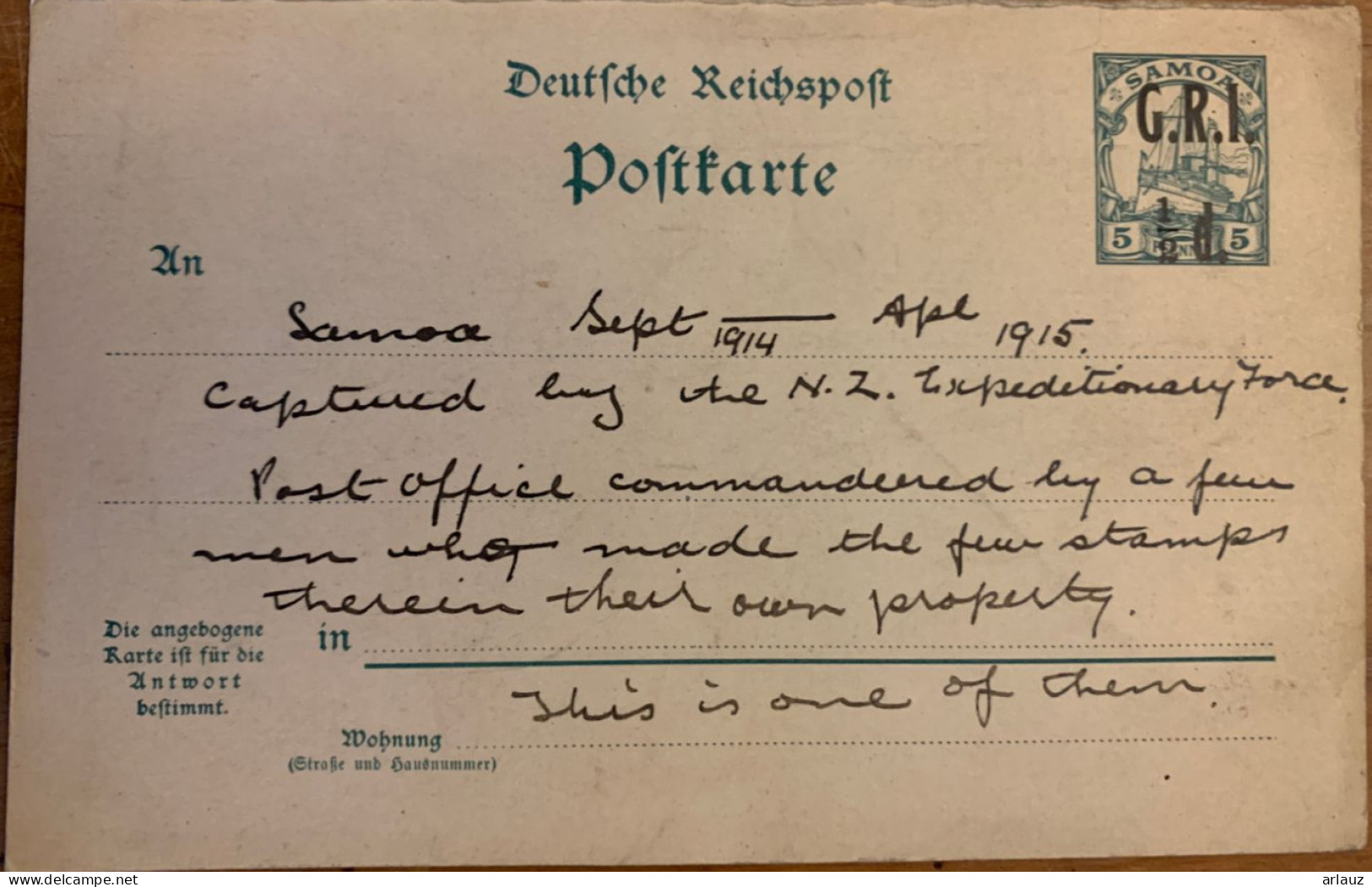 SAMOA.1915.Colonie Allemande.Occupation Anglaise.Entier Postal.Michel P3.Usagé.Réponse Seule.24C19 - Samoa