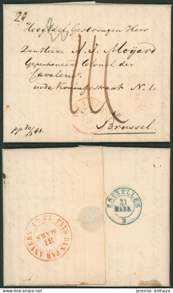 LAC Datée De Leyde (Pays-Bas, 1841) Port Manuscrit + Passage "Pays-Bas Par Anvers" > Brussel çàd N° De Vacation 3 - 1830-1849 (Unabhängiges Belgien)