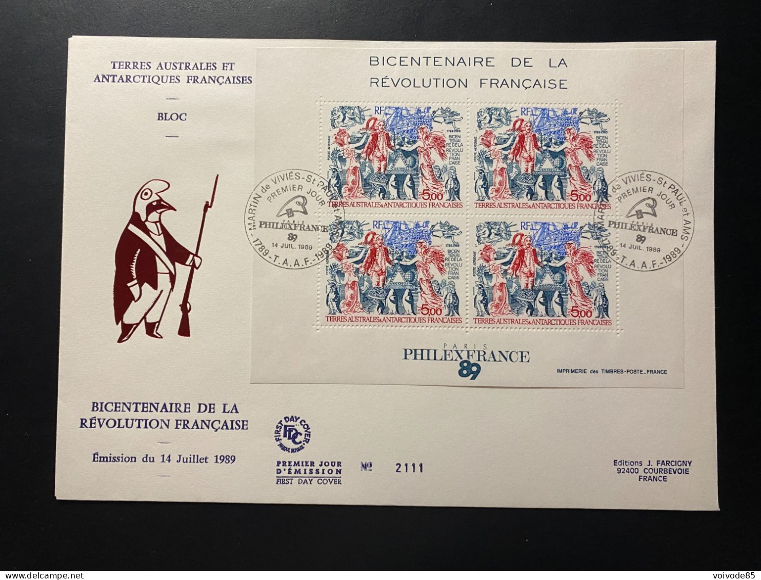 Enveloppe 1er Jour "Bicentenaire De La Révolution Française" 14/07/1989 - PA108 - TAAF - Saint Paul Et Amsterdam - FDC