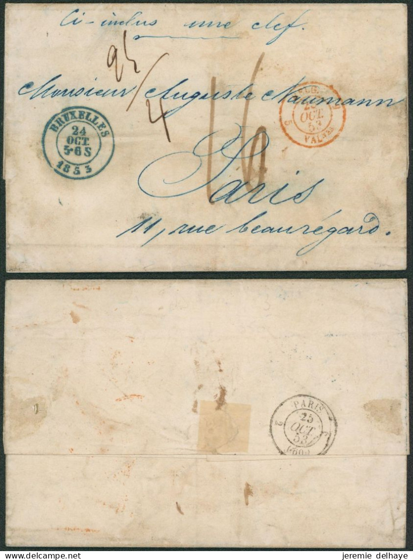 LSC Non Affranchie + Cachet Dateur "Bruxelles" (1853) Manusc. "Ci-inclus Une Clef", Calcul Du Port > Paris - Poste Rurale