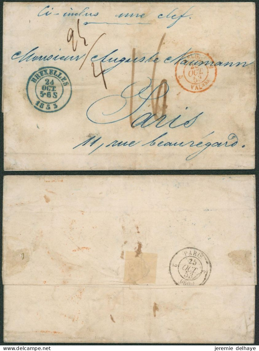 LSC Non Affranchie + Cachet Dateur "Bruxelles" (1853) Manusc. "Ci-inclus Une Clef", Calcul Du Port > Paris - Rural Post