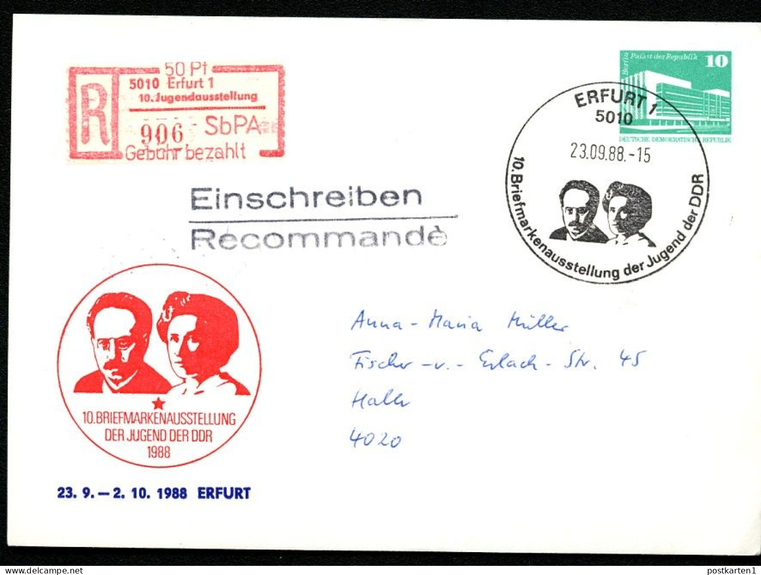 DDR PP18 D2/013 Privat-Postkarte EINSCHREIBEN SONDER-R-MARKE Erfurt 1988 - Etiquettes De Recommandé