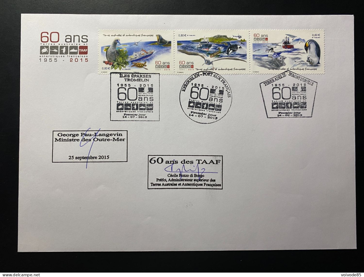 Enveloppe 1er Jour "60e Anniversaire Des TAAF" 14/07/2015 - 747/748/749 - Iles Eparses - Kerguelen - Terre Adélie - FDC