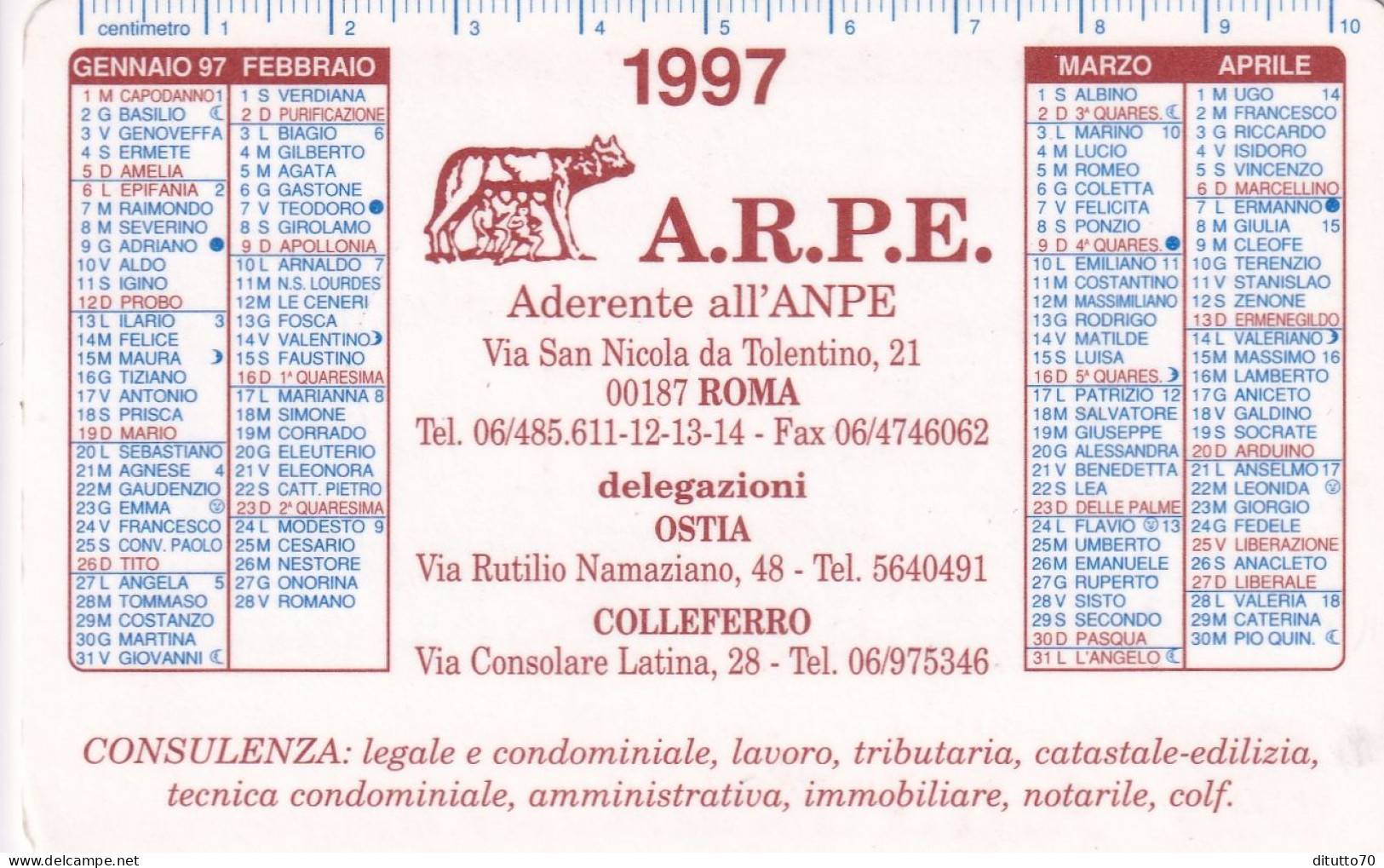 Calendarietto - A.R.P.E. - Roma - Ostia - Colleferro - Anno 1997 - Petit Format : 1991-00