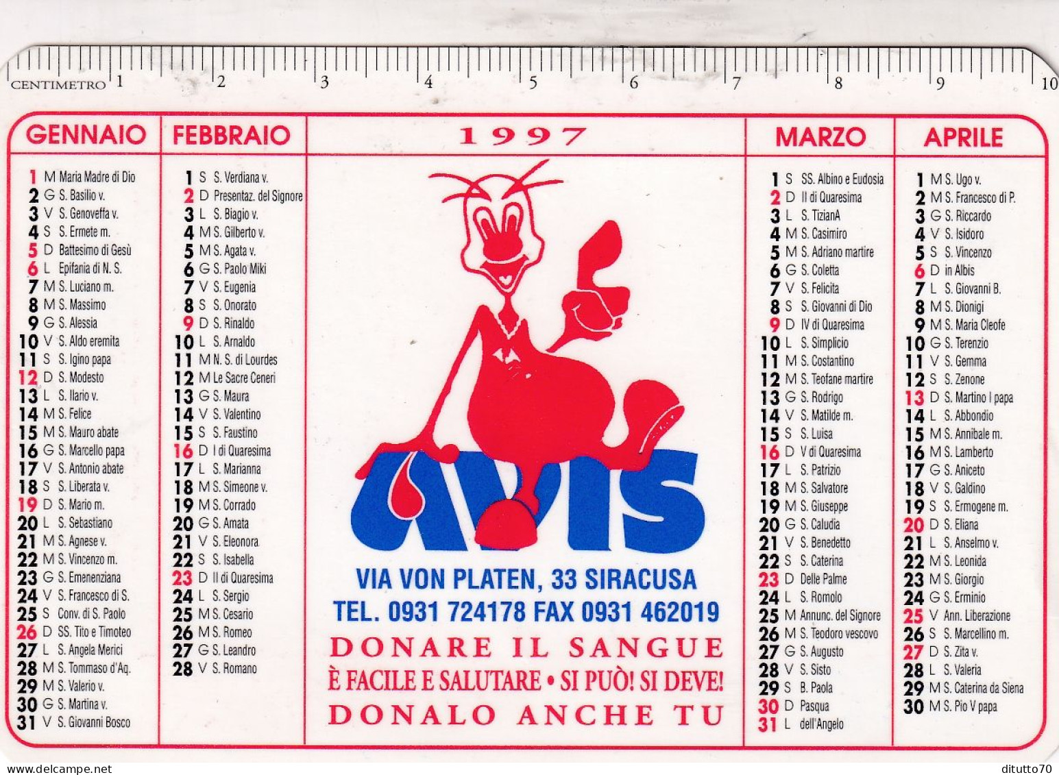 Calendarietto - AVIS - Siracusa - Anno 1997 - Petit Format : 1991-00