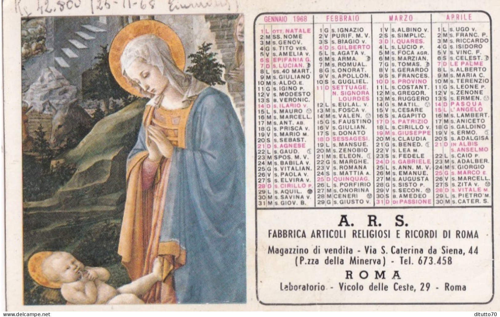 Calendarietto - A.R.S. Fabbrica Articoli Religiosi E Ricordi - Roma - Anno 1968 - Kleinformat : 1961-70