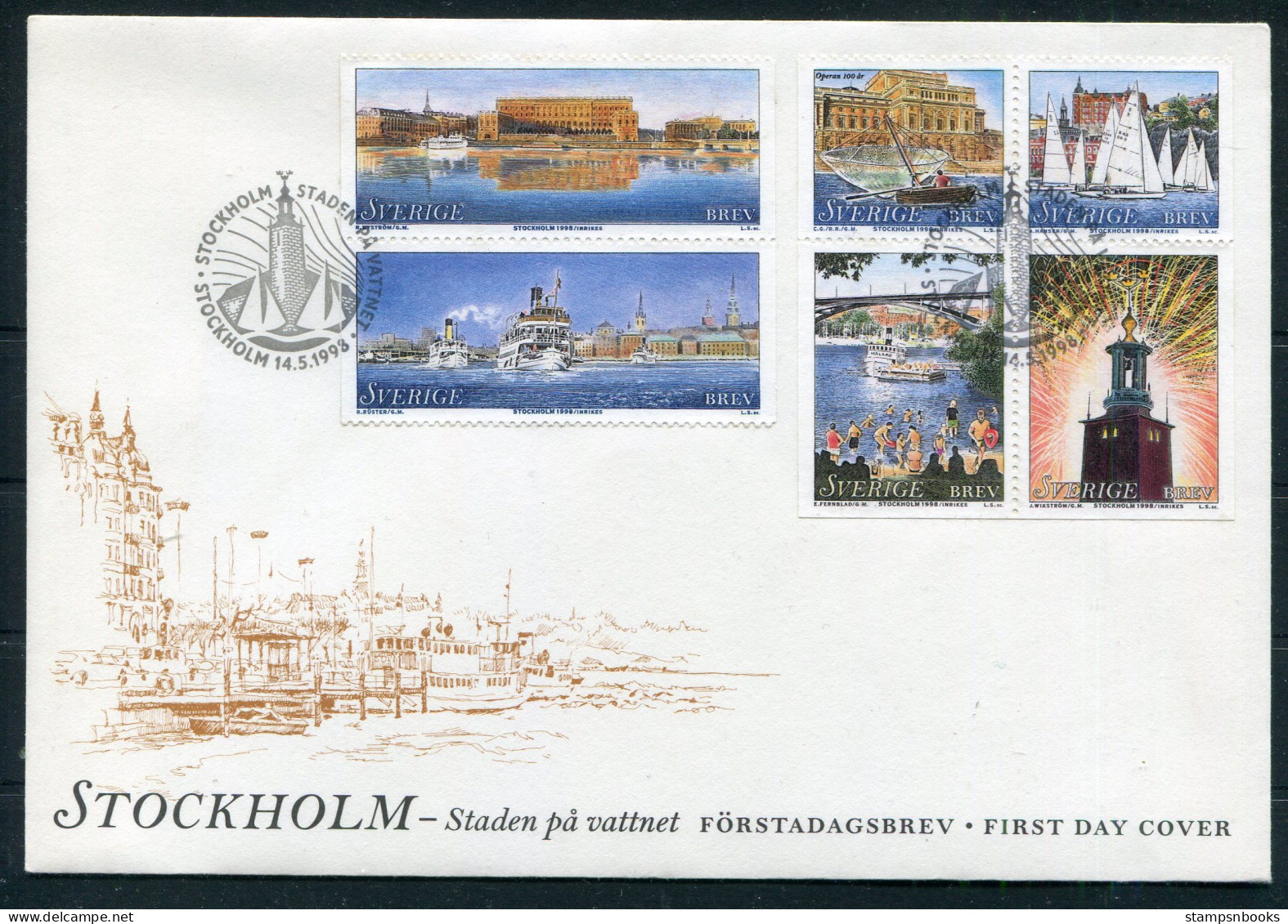 1998 Sweden Stockholm, Town On The Water / City Of Culture Set Of 8 On 2 First Day Covers - FDC