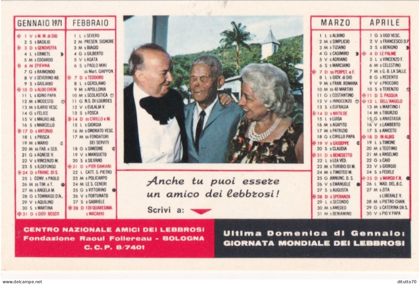 Calendarietto - Centro Nazionale - Amici Dei Lebrosi - Fondazione - Raoul Follereau - Bologna - Anno  1970 - Tamaño Pequeño : 1961-70