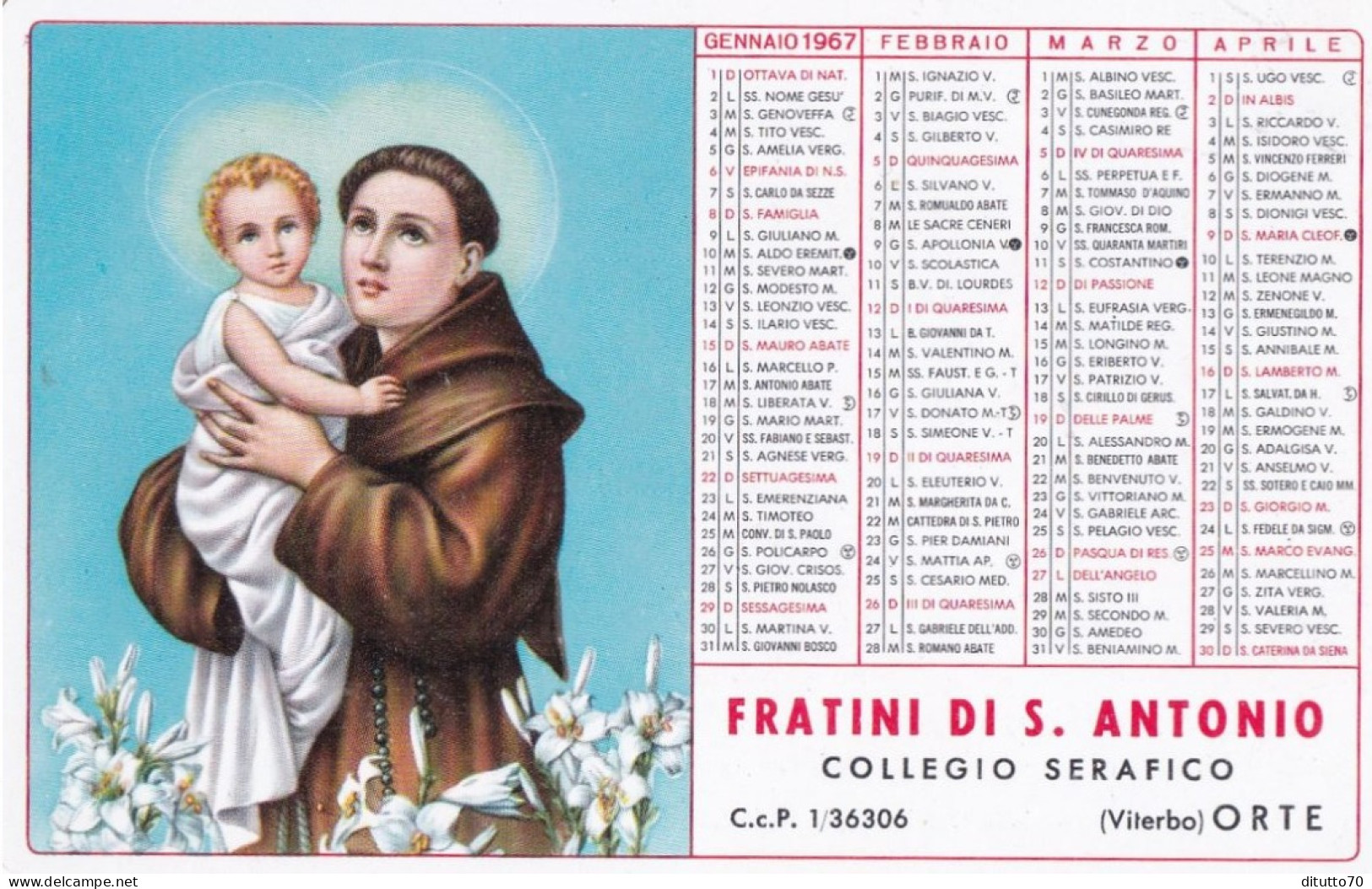 Calendarietto - Fratini Di S.antonio - Collegio Serafico - Viterbo - Orte - Anno 1967 - Formato Piccolo : 1961-70