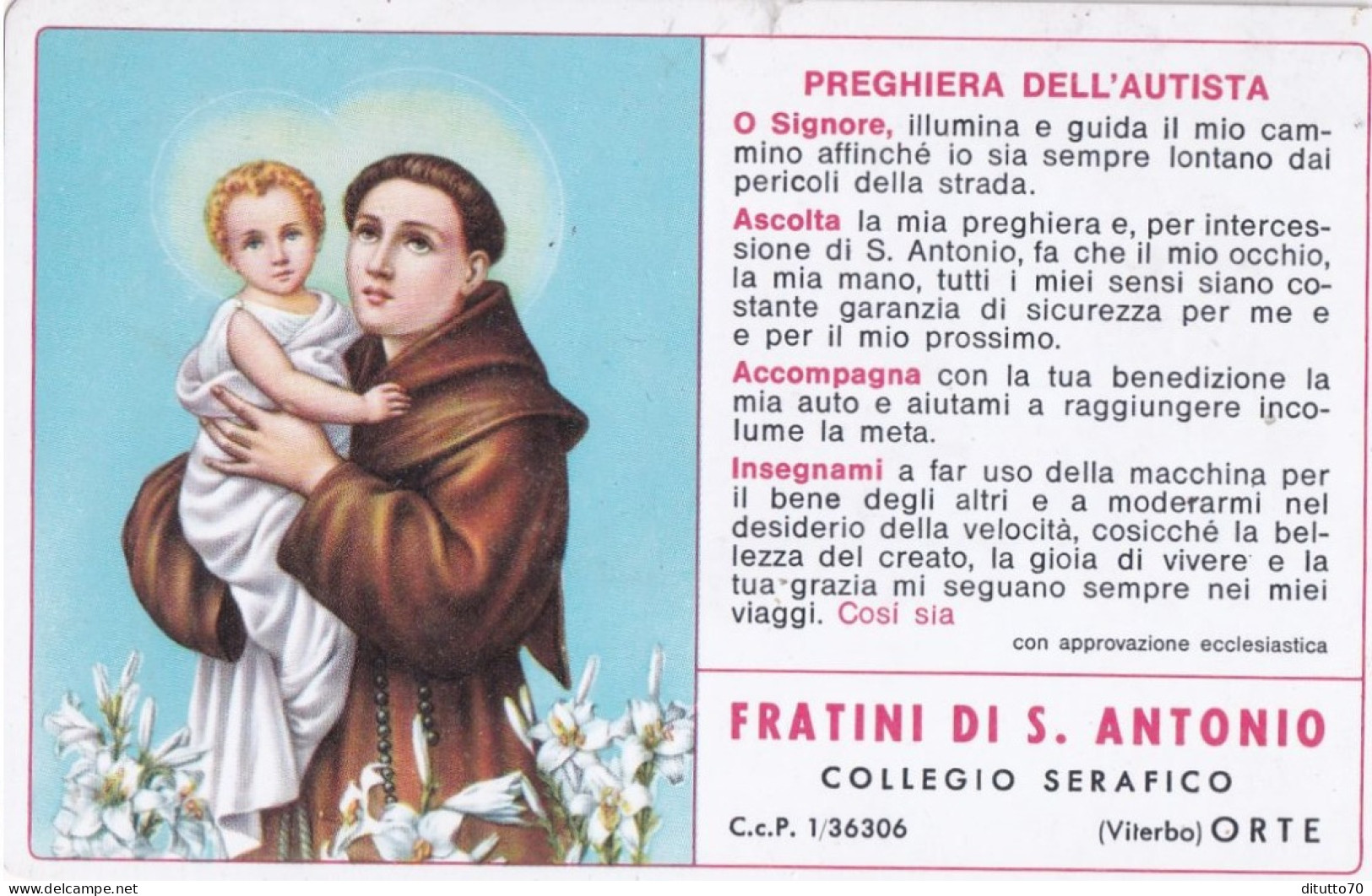 Calendarietto - Fratini Di S.antonio - Collegio Serafico - Viterbo - Orte - Anno 1968 - Tamaño Pequeño : 1961-70