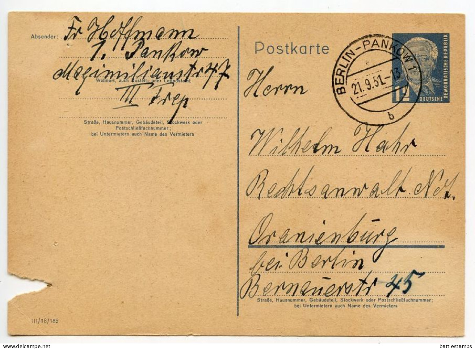 Germany, East 1951 12pf. President Wilhelm Pieck Postal Card; Berlin-Pankow To Oranienburg - Postales - Usados