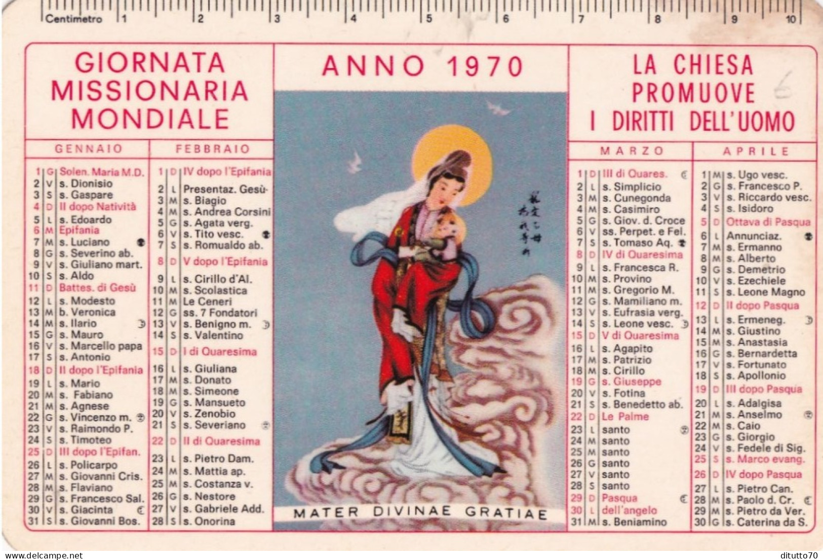 Calendarietto - Giornata Missionaria Mondiale - Anno 1970 - Tamaño Pequeño : 1961-70