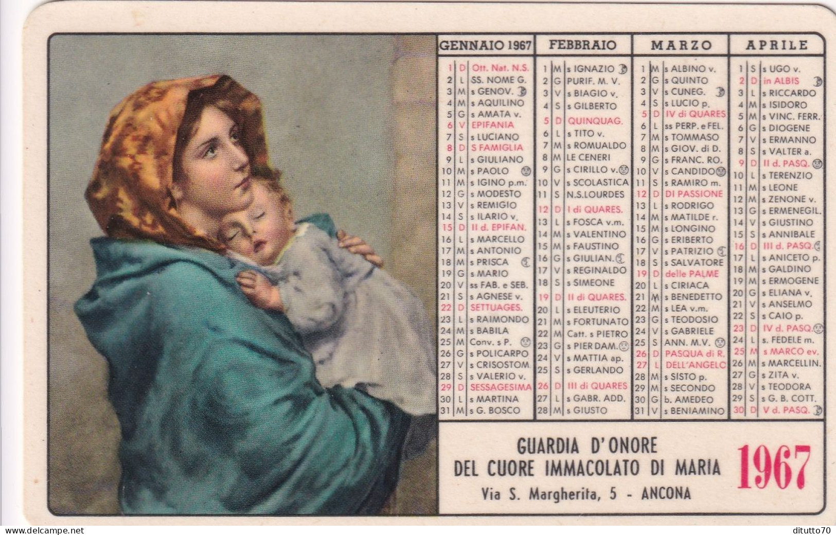 Calendarietto - Gurdia D'onore Del Cuore Immacolato Di Maria - Ancona - Anno 1967 - Petit Format : 1961-70