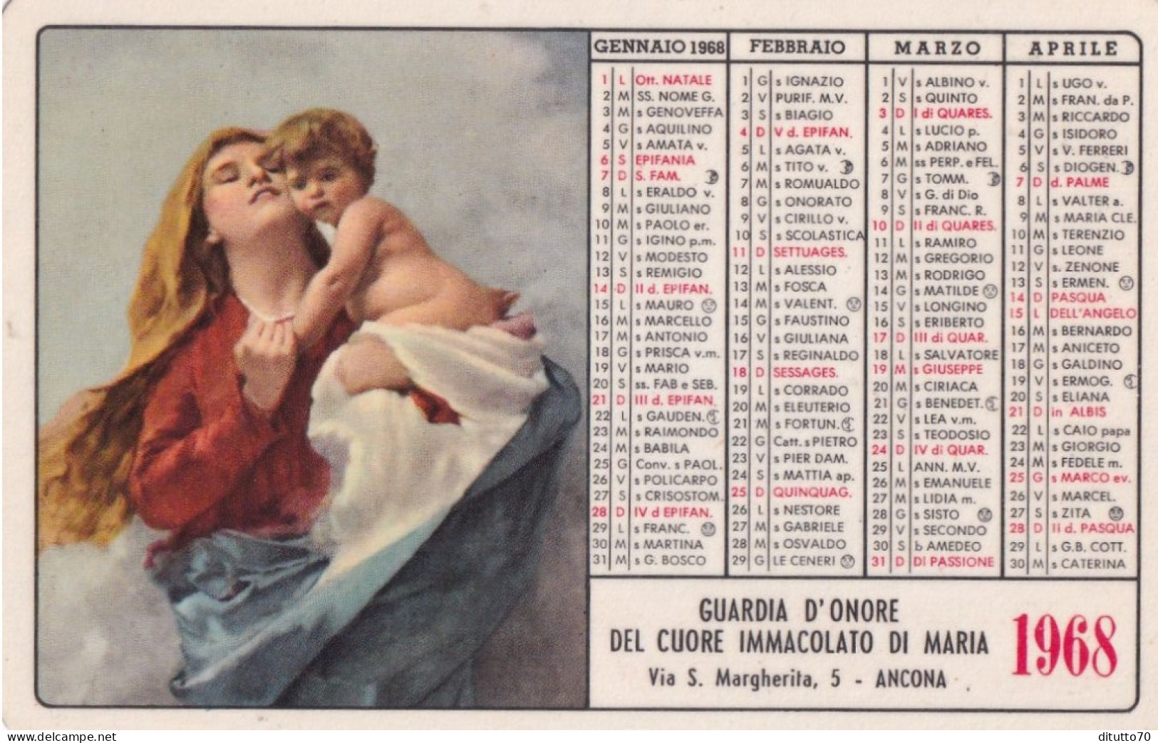 Calendarietto - Gurdia D'onore Del Cuore Immacolato Di Maria - Ancona - Anno 1968 - Formato Piccolo : 1961-70