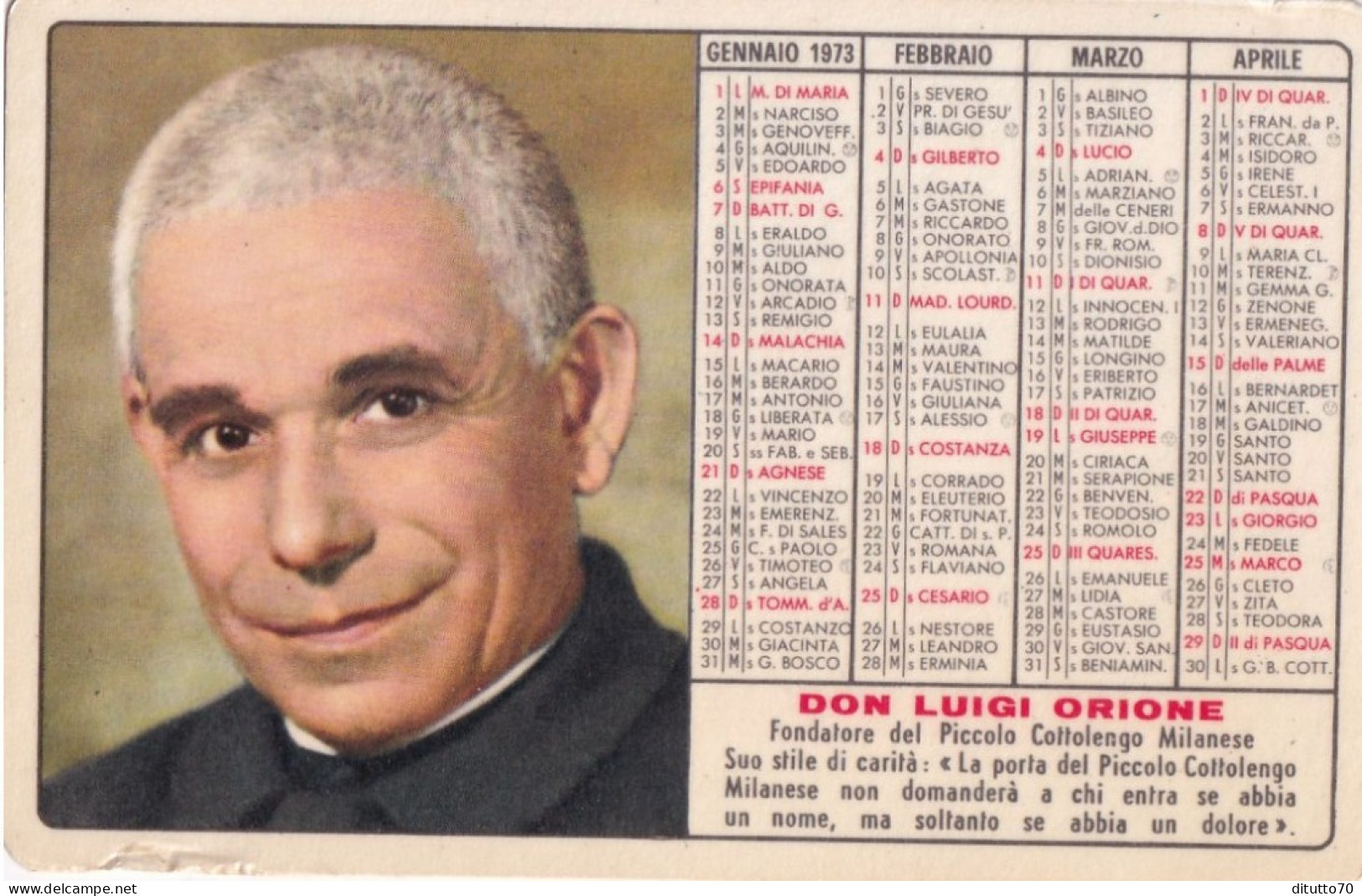 Calendarietto - Don Luigiorione - Fondatore Del Piccolo Cottolengo Milanese - Anno 1973 - Kleinformat : 1971-80