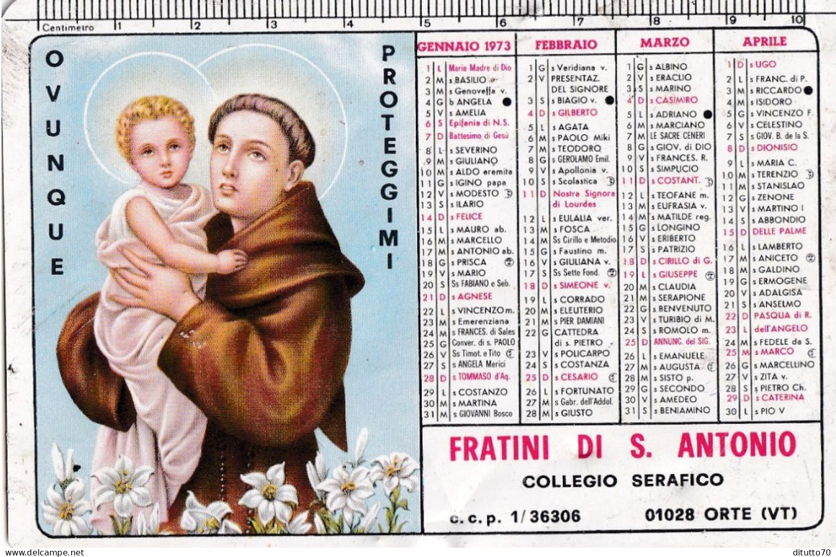 Calendarietto - Fratini Di S.antonio - Collegio Serafico - Viterbo - Orte - Anno 1973 - Petit Format : 1971-80