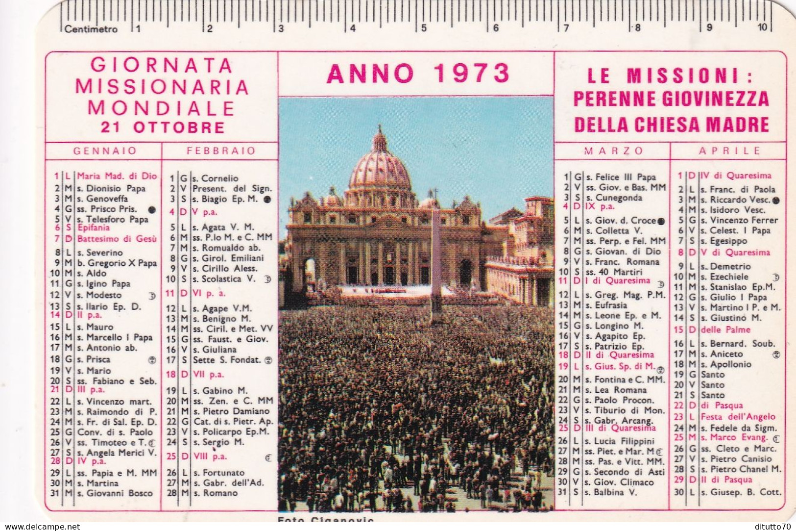 Calendarietto - Giornata Missionaria Mondiale - Anno 1973 - Small : 1971-80