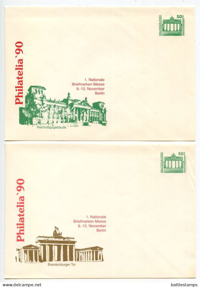 Germany, East 1990 2 Different Mint 50pf. Brandenburg Gate Postal Envelopes, Philatelia '90 - Umschläge - Ungebraucht