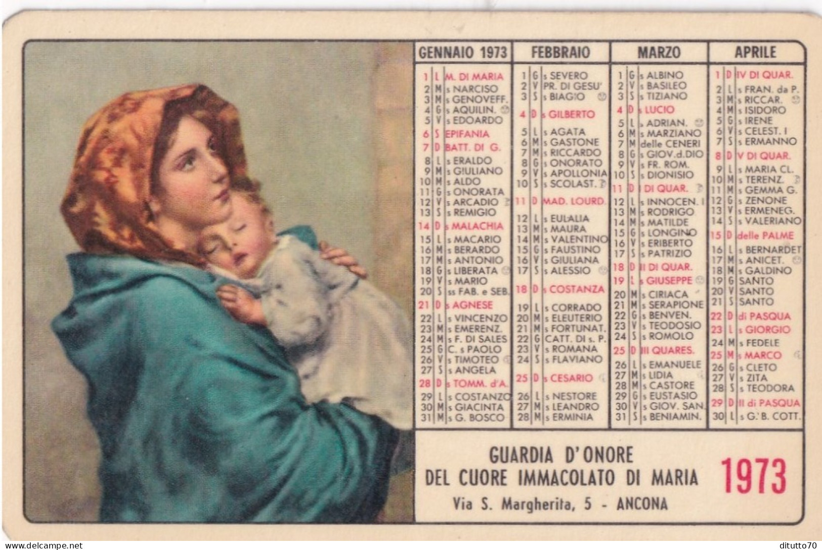 Calendarietto - Gurdia D'onore Del Cuore Immacolato Di Maria - Ancona - Anno 1973 - Petit Format : 1971-80