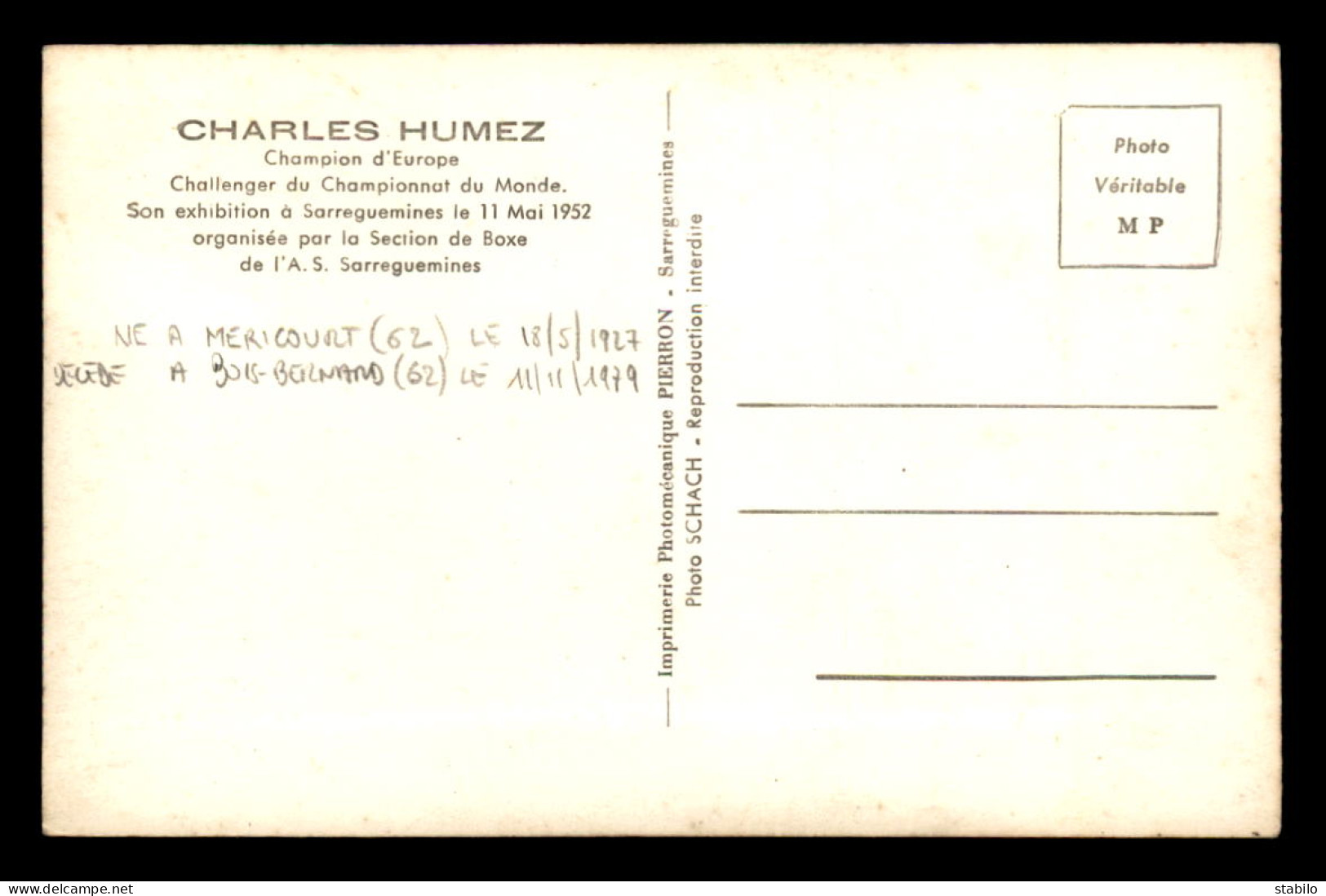 SPORTS - BOXE - CHARLES HUMEZ, CHAMPION D'EUROPE - EXHIBITION A SARREGUEMINES LE 11 MAI 1952 - AUTOGRAPHE  - Boxe
