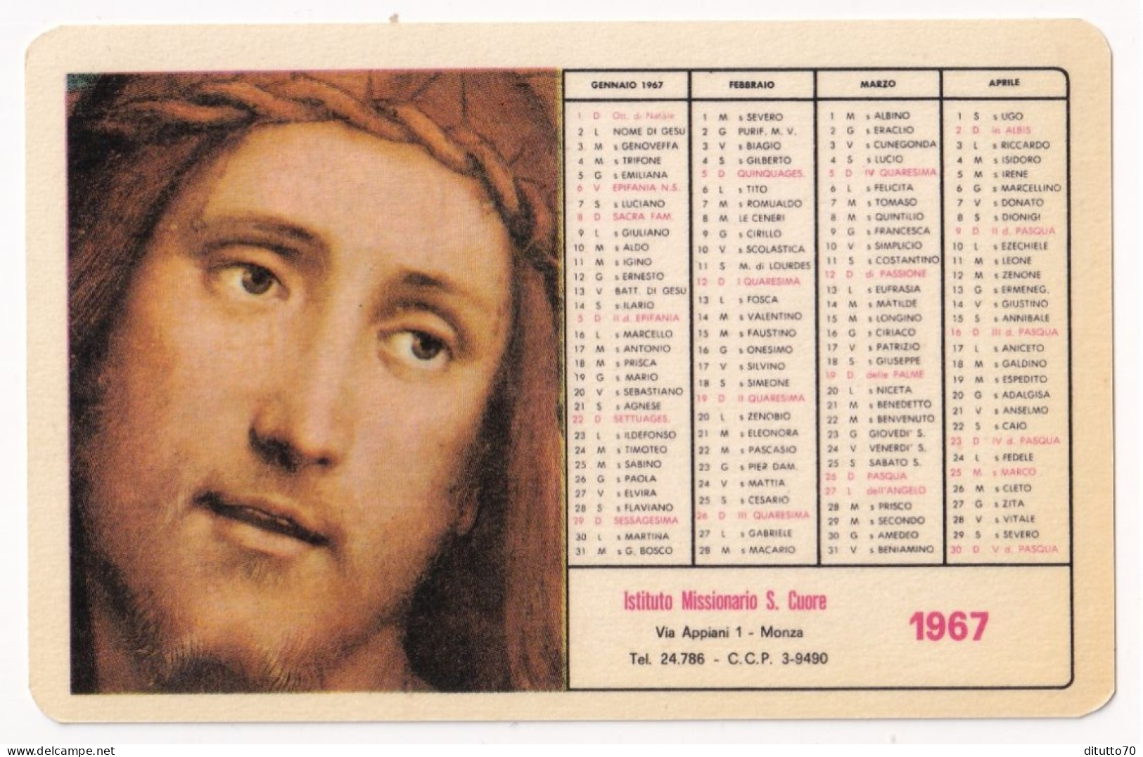 Calendarietto - Istituto Missionario S.cuore - Monza - Anno 1967 - Petit Format : 1961-70