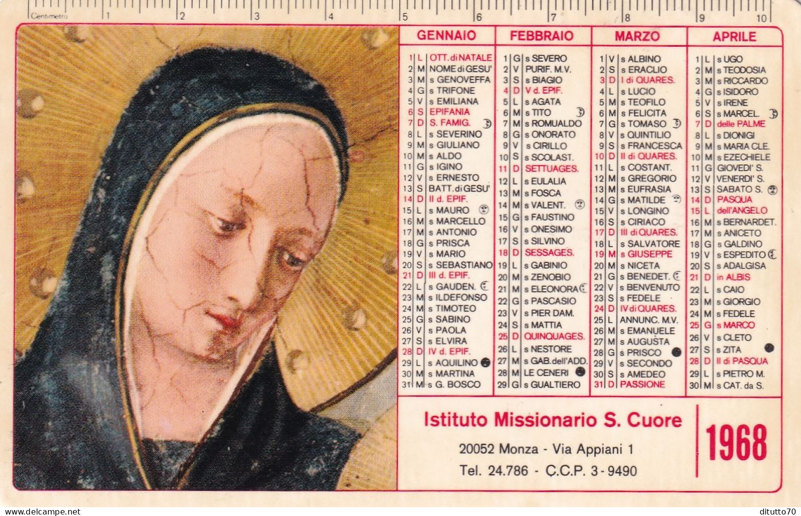 Calendarietto - Istituto Missionario S.cuore - Monza - Anno 1968 - Petit Format : 1961-70