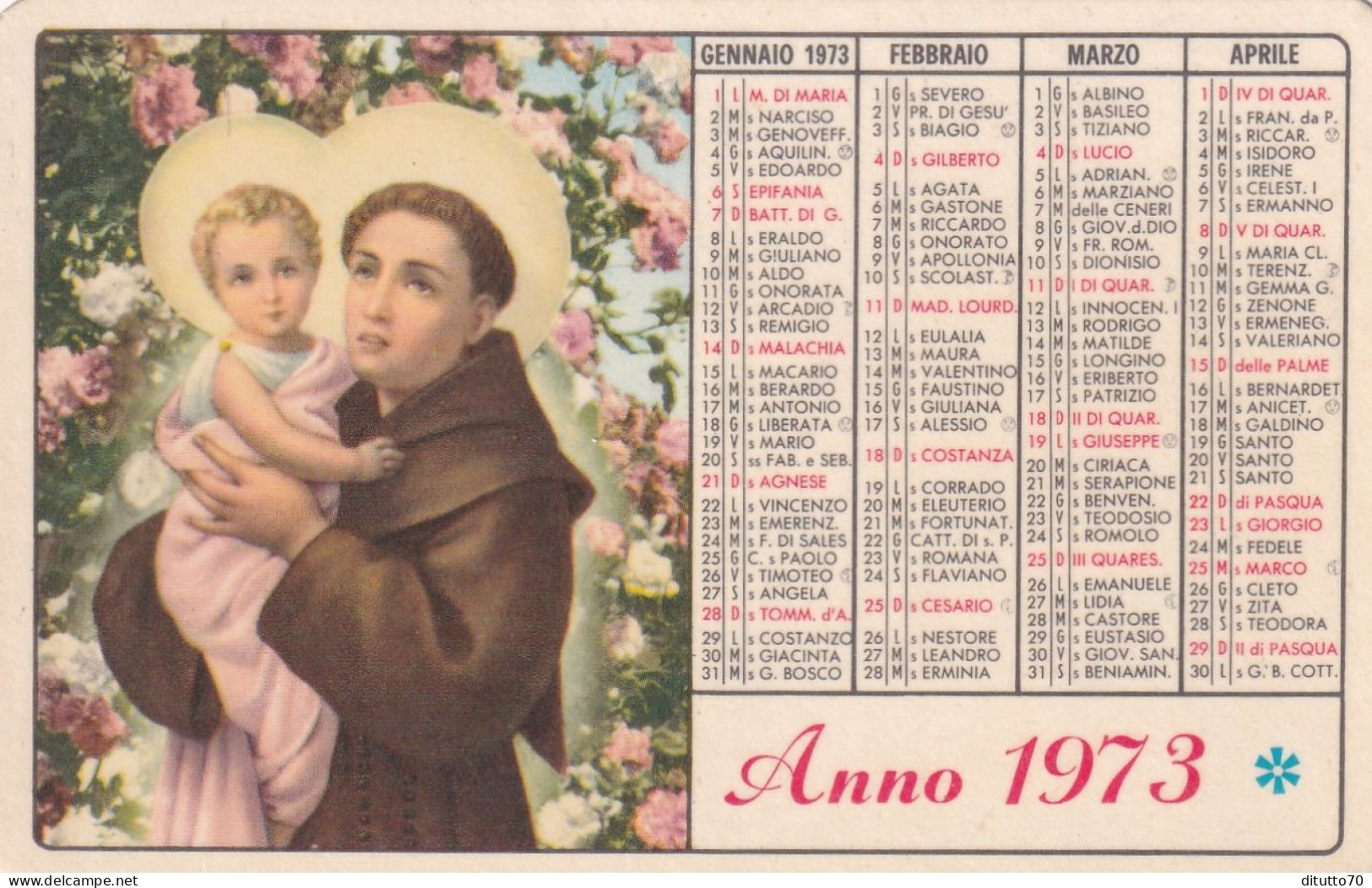 Calendarietto - Le Orfanelle Antoniane Del Padre S.m. Di Francia - Anno 1973 - Petit Format : 1971-80