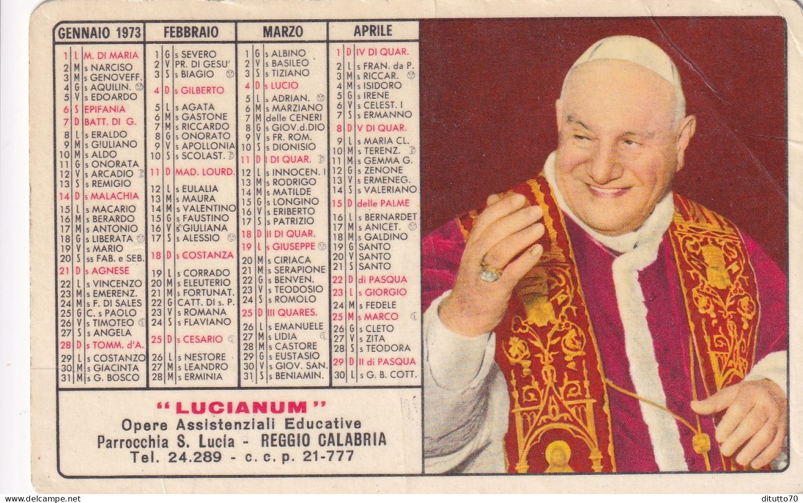 Calendarietto - Lucianum - Opere Assistenziali Educative Parrocchia S.lucia - Reggio Calabri - Anno 1973 - Petit Format : 1971-80