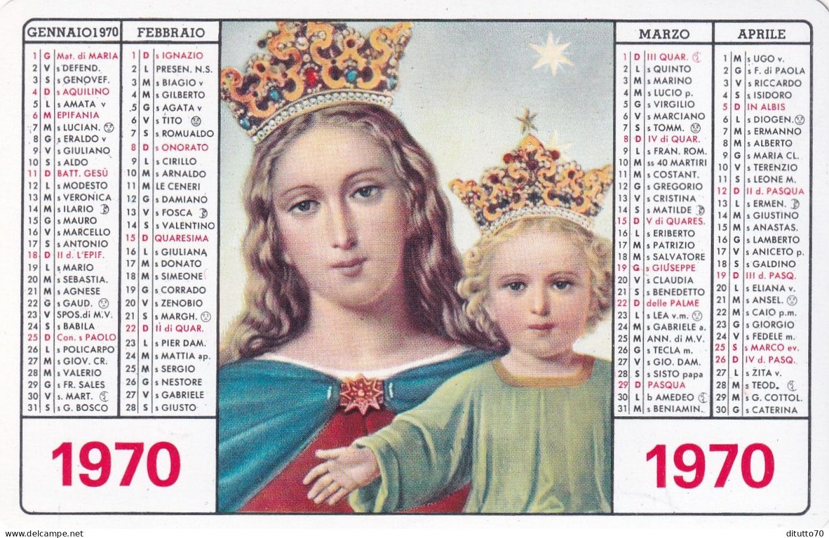 Calendarietto - Maria Immacolata - Don  Bosco - Anno 1970 - Formato Piccolo : 1961-70