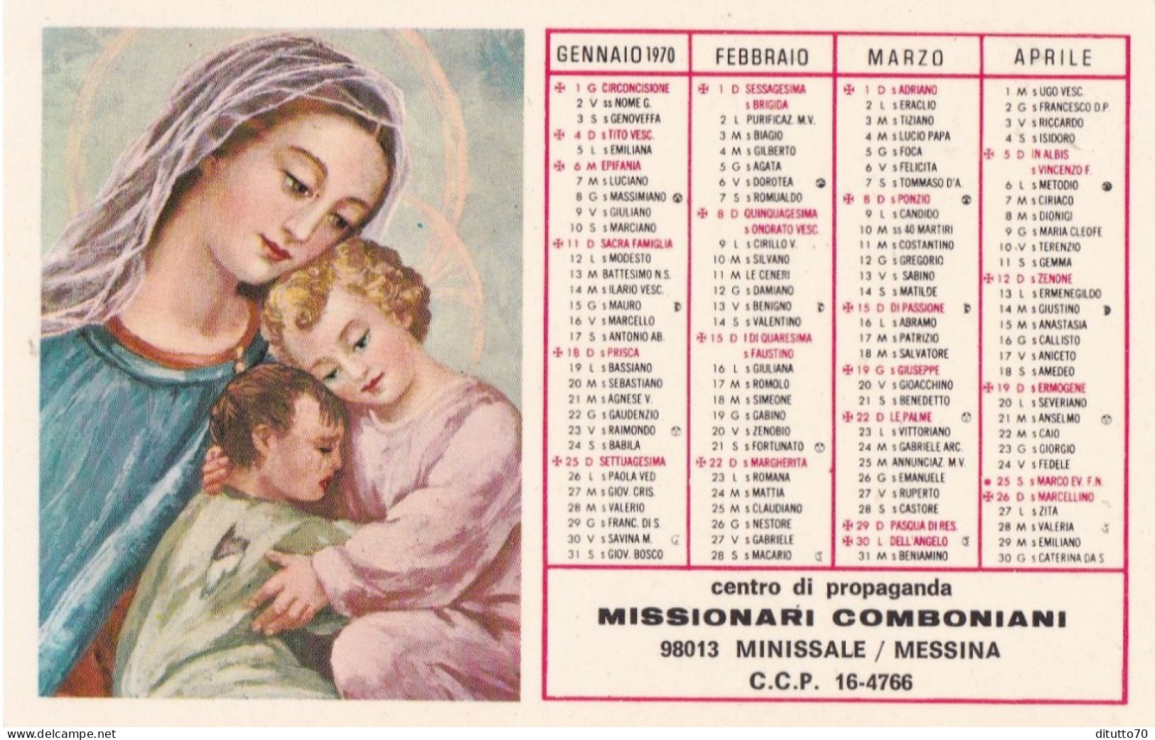 Calendarietto - Missionari Comboniani - Minissale - Messina - Anno 1970 - Small : 1961-70