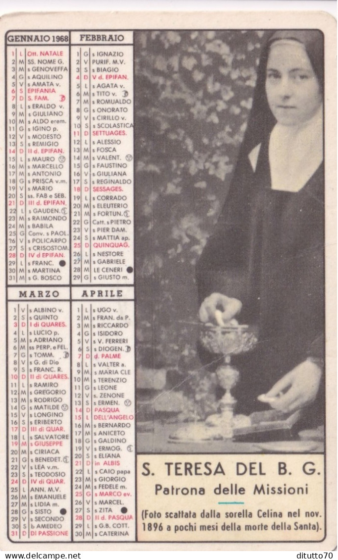 Calendarietto - Missioni Estere Dei Carmelitani Scalzi - Roma - S.teresa Del B.g. Patrona Dellemissioni - Anno 1968 - Kleinformat : 1961-70