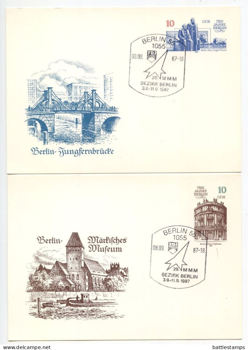 Germany, East 1987 2 Different 750 Jahre Berlin Postal Cards - 29. MMM Bezirk Berlin Commemorative Postmarks - Cartes Postales - Oblitérées